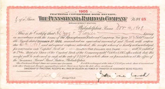 Pennsylvania Railroad Co. - Franctional Convertible Bond Receipt